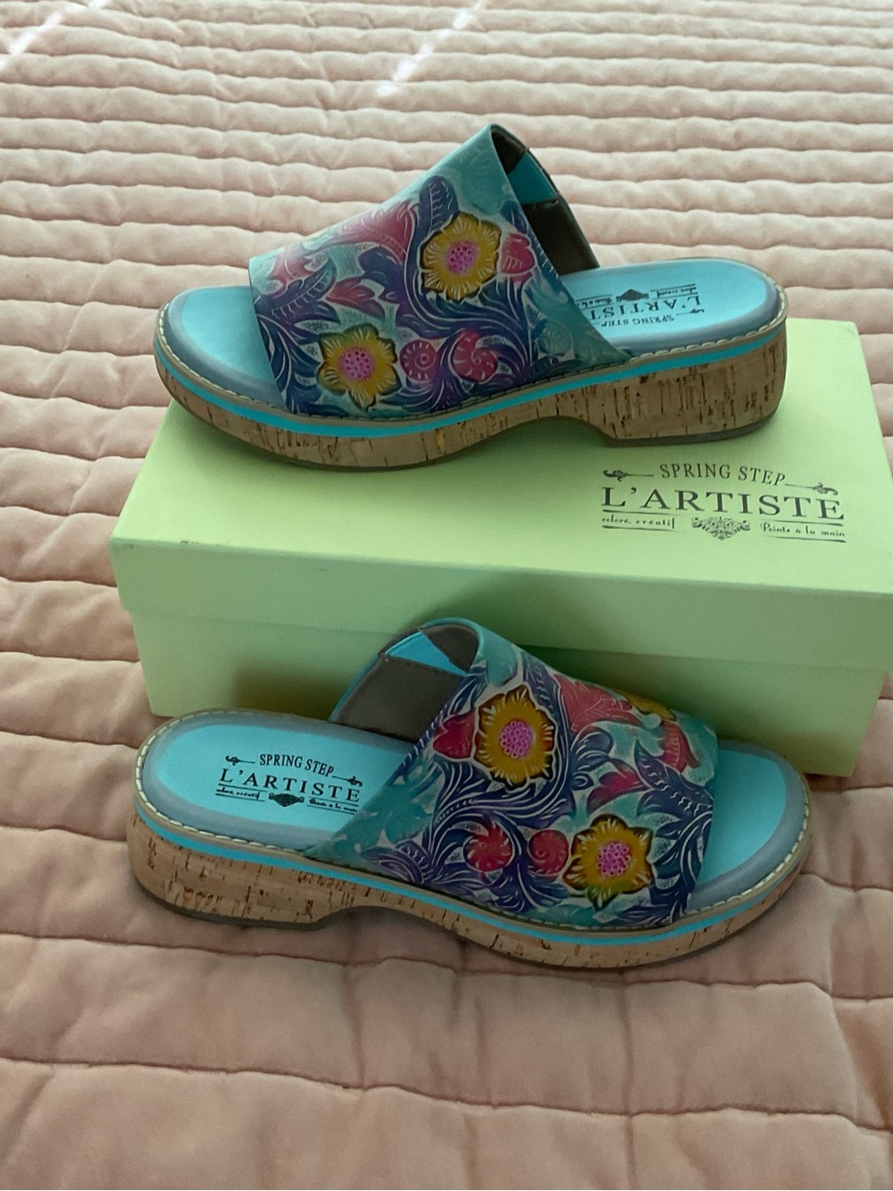 L'ATISTE Turquoise Floral Cork-Trim Slide Sandals
